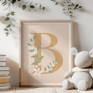 Arte de pared imprimible para niños, decoración de pared para guardería, impresión de monograma floral, arte de pared con la letra B, impresión inicial personalizada, decoración imprimible para baby shower