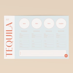 May include: A light blue printable tasting sheet with the word "TEQUILA" in large, bold, orange letters. The sheet is divided into four sections labeled "uno", "dos", "tres", and "cuatro". Each section has space to rate the tequila with stars, write notes about the tequila, and list details like the name, category, region, nose, smell, and taste.
