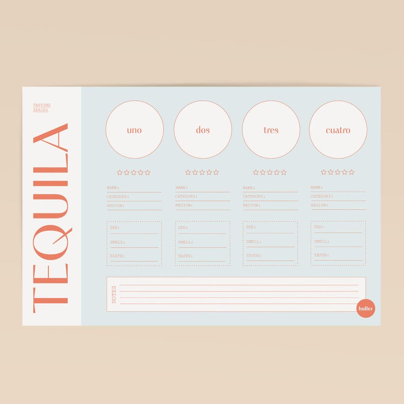 May include: A light blue printable tasting sheet with the word "TEQUILA" in large, bold, orange letters. The sheet is divided into four sections labeled "uno", "dos", "tres", and "cuatro". Each section has space to rate the tequila with stars, write notes about the tequila, and list details like the name, category, region, nose, smell, and taste.