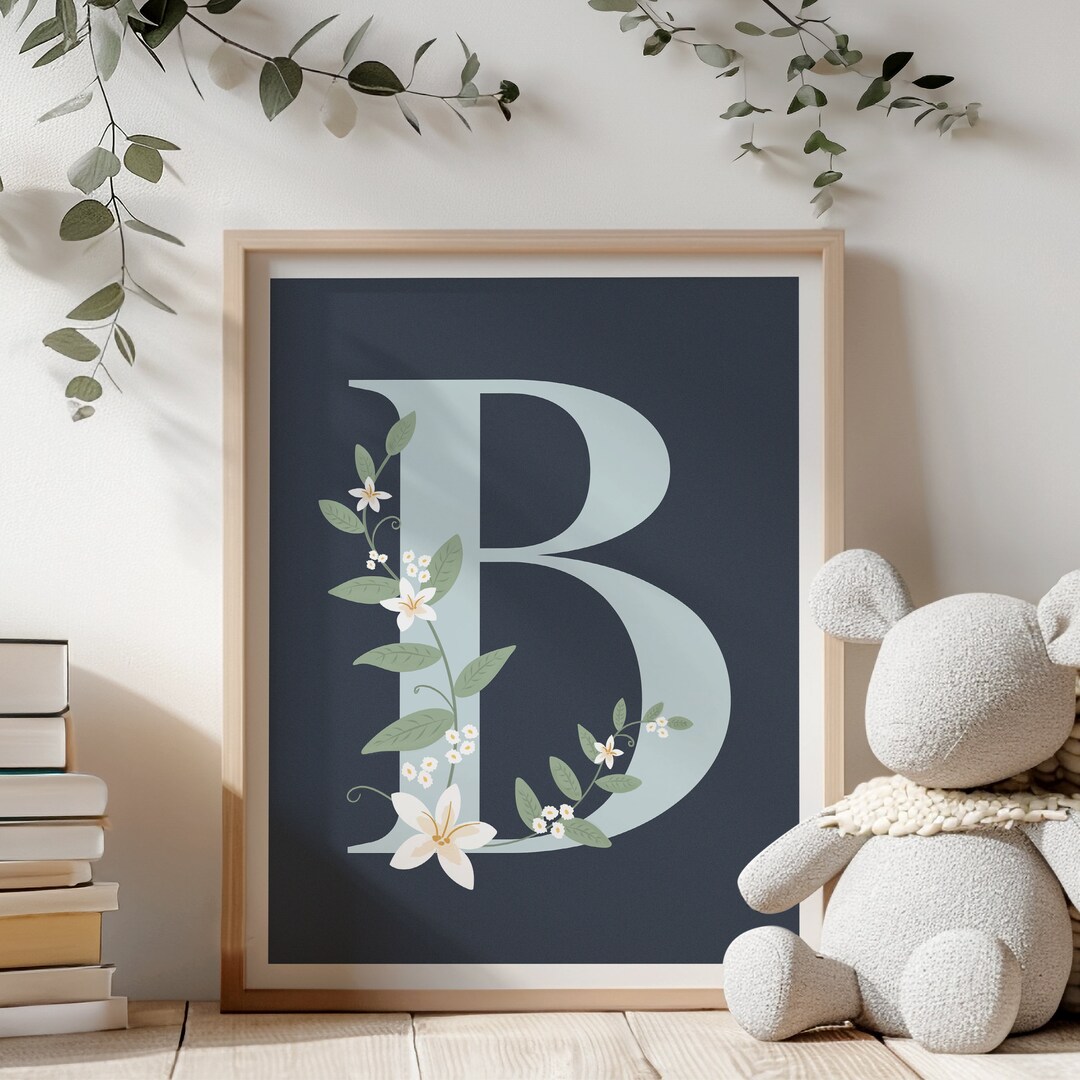 Printable Kids' Wall Art, Nursery Wall Decor, Floral Monogram Print ...