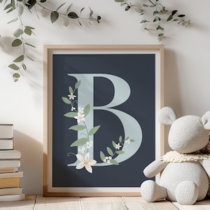 Printable Kids&#39; Wall Art, Nursery Wall Decor, Floral Monogram Print, Letter B Wall Art, Custom Initial Print, Baby Shower Printable Decor
