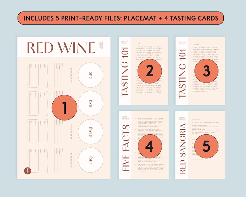 Red Wine Tasting Kit Printable: Placemats + Cards (digital Download ...