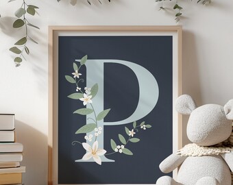 Floral Letter P Nursery Print: Monogram Initial Art (Digital Download)