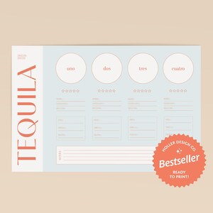 May include: A printable light blue and peach colored  tequila tasting notes chart with four sections labeled "uno", "dos", "tres", and "cuatro". Each section has space to rate the tequila with stars, write the name, category, region, proof, nose, smell, and taste. The chart also includes a section for notes.