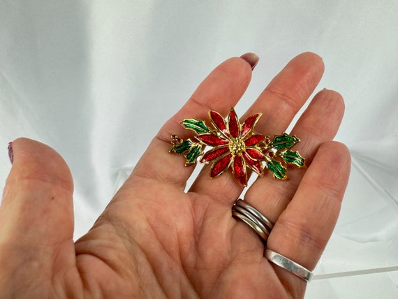 Poinsettia Flower Brooch, Vintage Red Enamel Chri… - image 4