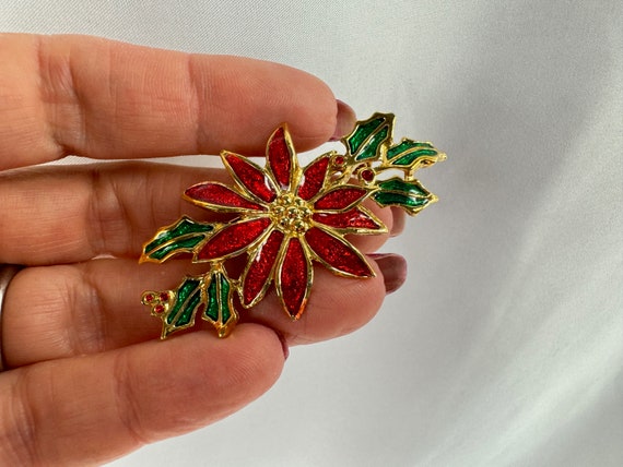 Poinsettia Flower Brooch, Vintage Red Enamel Chri… - image 7