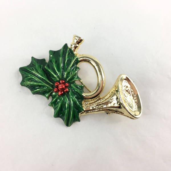 Gerry's Christmas Hunting Horn with Holly Brooch French Horn Rare Beauty Wedding