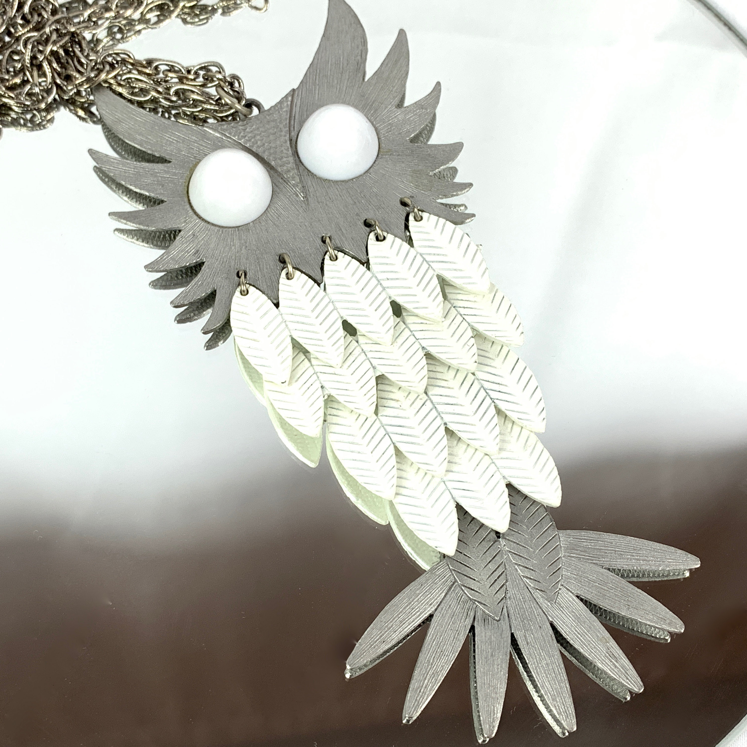 Large Vintage Owl Necklace: White Enamel Bird Jewelry