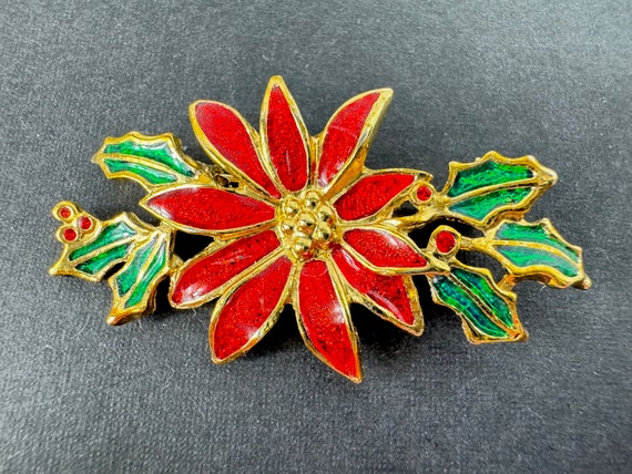 Poinsettia Flower Brooch, Vintage Red Enamel Chri… - image 1