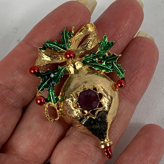 Christmas Ornament Brooch Enamel and Rhinestone R… - image 8