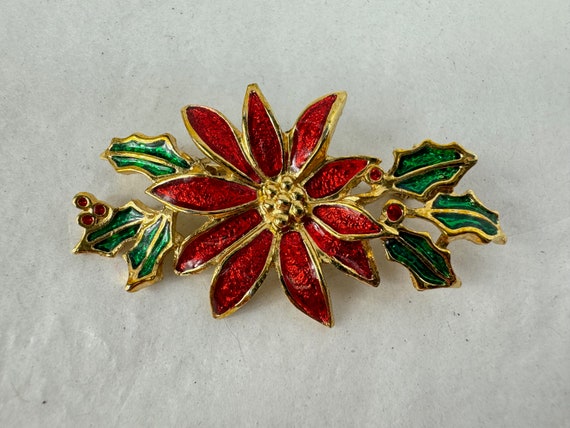 Poinsettia Flower Brooch, Vintage Red Enamel Chri… - image 2