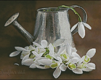 Cross Stitch Pattern (PDF) Snowdrops in Watering Can
