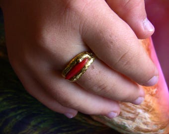 Beautiful Italian red coral ring on 24k pure gold