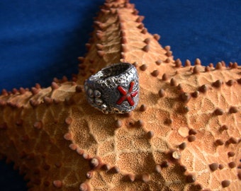 Starfish ring, hadmade in pure silver and Italian red coral