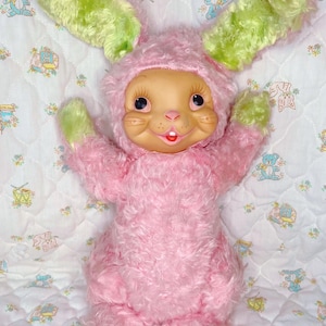 Vintage RUSHTON Star Creations Pink Plush Bunny Rabbit Rubber Face Antique Toy