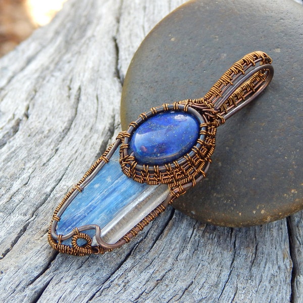 Blue kyanite pendant, copper wire wrap, wire wrapped pendant, boho gift, heady wrap, raw crystal pendant, gemstone pendant, gifts under 50