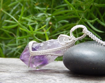 Raw amethyst pendant, sterling silver, raw stone necklace, gift for her, amethyst jewelry, wire wrapped pendant, raw amethyst point, purple