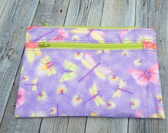 Butterfly wet bag, cloth pads, underwear bag, glitter purple bag, ready to ship, PUL lined bag, zippered pouch, wet dry bag, overnight bag