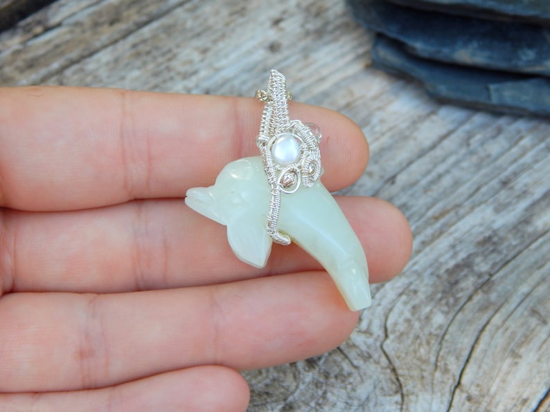 sea life jewelry jade pendant ocean lover gift wire wrapped pendant silver wire wrap Sterling silver dolphin necklace gemstone dolphin