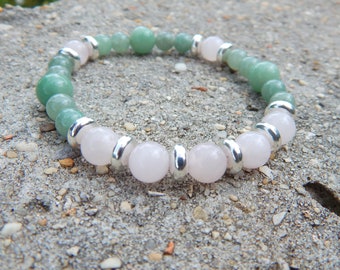 Green aventurine and rose quartz  stretch bracelet, green and pink, simple gift under 20, ready to ship, stackable bracelet, prosperity