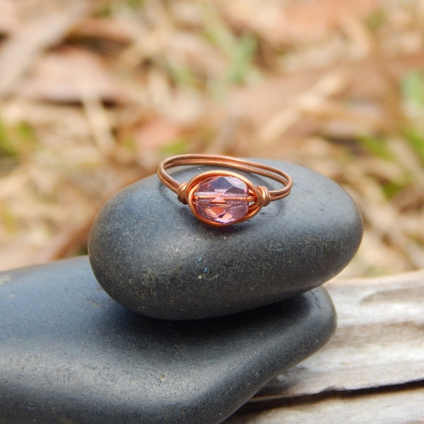 Copper wire ring, size 4.5 ring, gift under 10, simple copper ring, stacking ring, glass bead ring, hammered copper, dainty copper ring