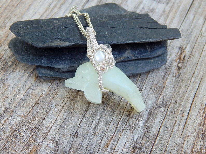 sea life jewelry jade pendant ocean lover gift wire wrapped pendant silver wire wrap Sterling silver dolphin necklace gemstone dolphin