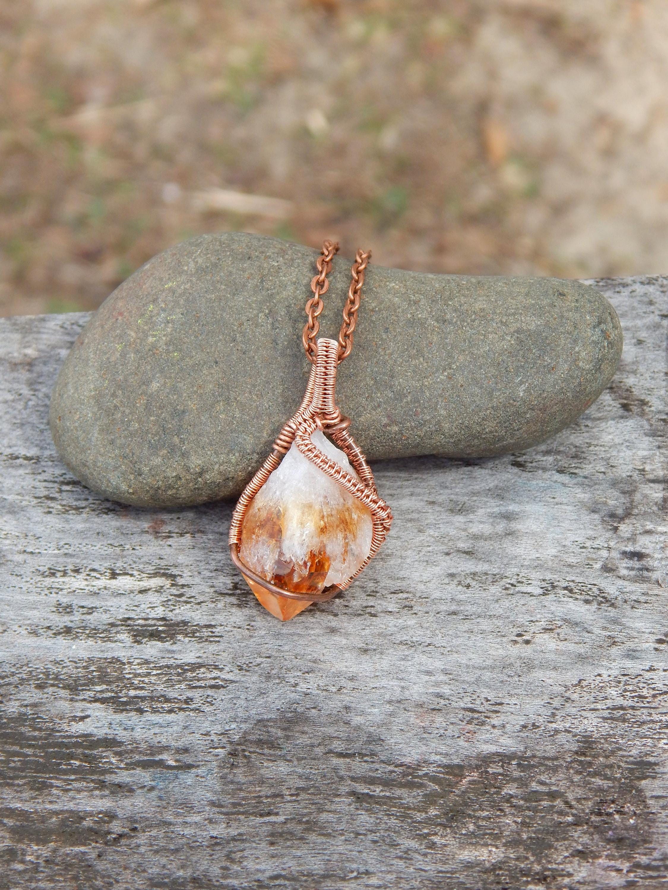 Citrine crystal pendant, copper wire wrap, wire wrap necklace, raw crystal necklace, unique gift under 10, dainty pendant, wire wrapped
