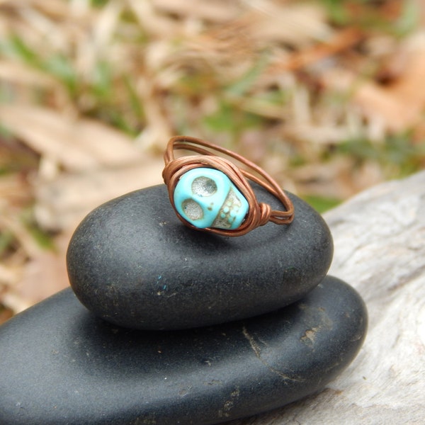 Skull ring, size 5.5 ring, copper wire ring, handmade ring, boho gift under 10, dainty copper ring, stacking ring, gemstone skull, kids ring