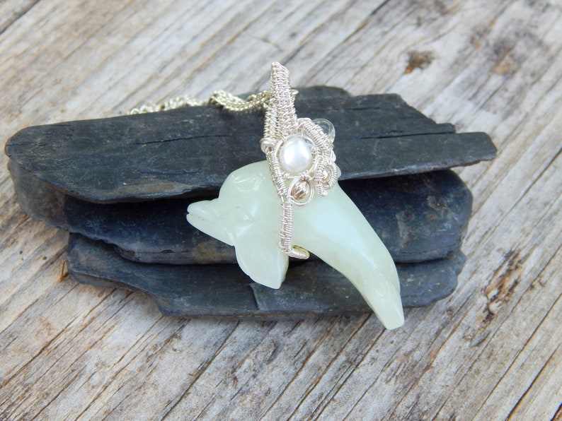 sea life jewelry jade pendant ocean lover gift wire wrapped pendant silver wire wrap Sterling silver dolphin necklace gemstone dolphin