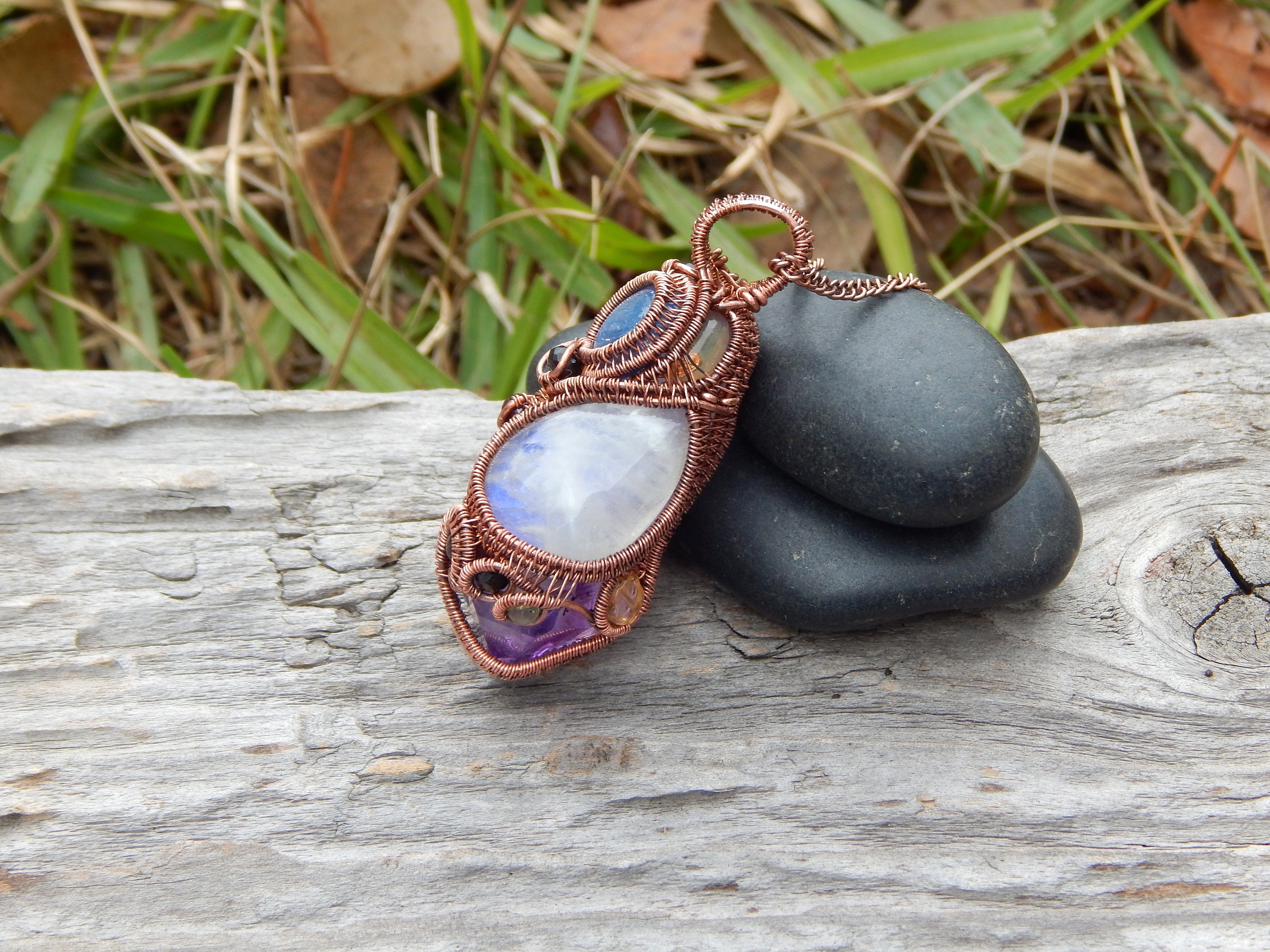 Made this pair today! 💜 Amethyst beads wire wrapped on to hammered &  antiqued Copper charms with my handmade ear wires. : r/jewelrymaking