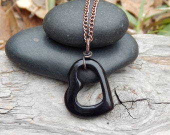 Black glass heart pendant, simple pendant, minimalist jewelry, unique gift under 10, boho pendant, copper wire wrap, wire wrap pendant