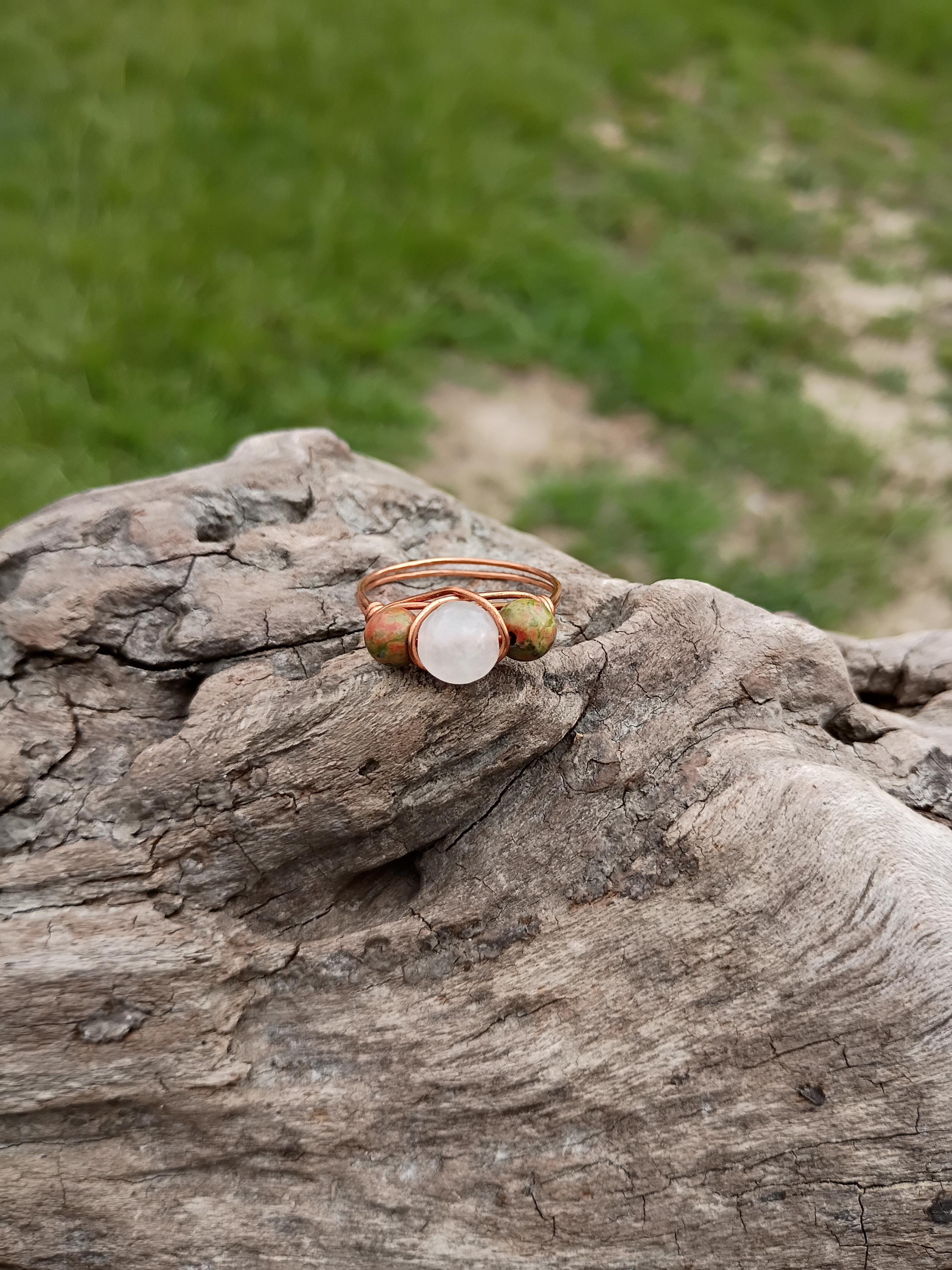 Unakite and rose quartz wire wrapped ring size 11.5  - Thumbnail 7