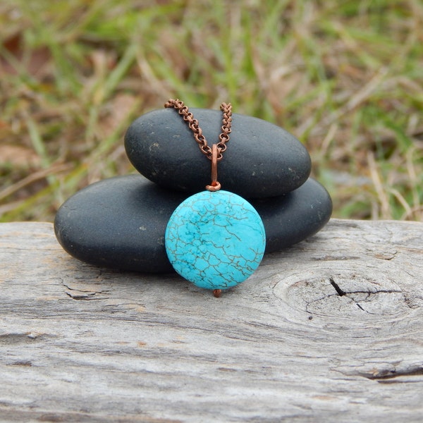 Turquoise blue magnesite pendant, minimalist necklace, copper wire wrap, unique gift under 10, blue simple pendant, boho pendant, dainty