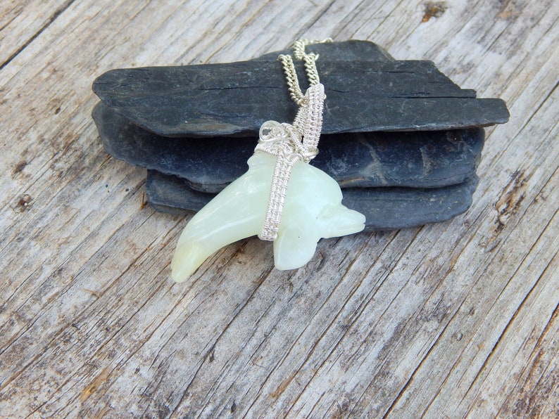 sea life jewelry jade pendant ocean lover gift wire wrapped pendant silver wire wrap Sterling silver dolphin necklace gemstone dolphin
