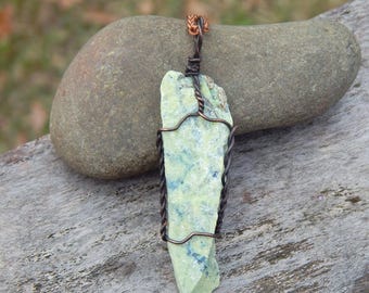 Raw serpentine pendant, copper wire wrap, layering necklace, ready to ship gift, gift under 10, raw gemstone, green serpentine, wire wrapped