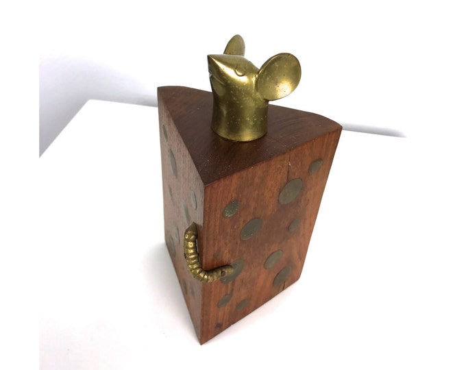 Vintage Raymor Brass & Wood Mouse in Cheese Sculpture Bookend