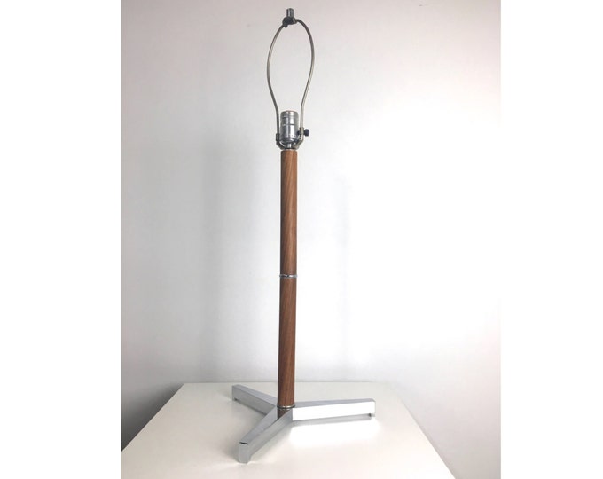 Vintage Mid Century Danish Modern Teak Chrome Tripod Table Lamp