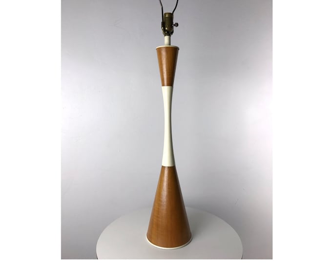 Vintage 1950's Tall Teak White Hourglass Table Lamp