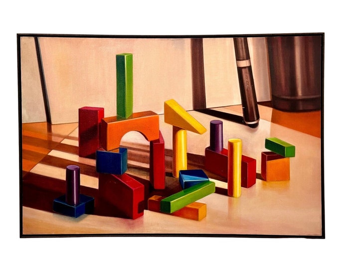 Vintage Signed Modern Abstract Colorful Blocks Still Life Original Painting on Canvas
