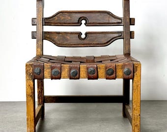 Mexican Hand Carved Leather Webbed Strap Chair William Spratling Attributed Mid Century Modern 1960s