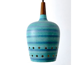 Turqoise Striped Ceramic Pendant Lamp 1960's