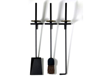 Vintage Mid Century Modern Mel Bogart Iron Brass Wall Mounted Fireplace Tool Set 1950s