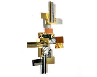 Vintage Mixed Metal Abstract Wall Sculpture by Ray Berger 1980s Mid Century Modern Gold Silver Copper