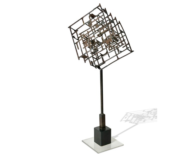 38" Original Vintage Mid Century Modern Brutalist Abstract Wire Labyrinth Cube Sculpture by Fred Scott 1960s