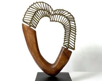 Vintage Brutalist Brass & Wood Heart Sculpture 1970's