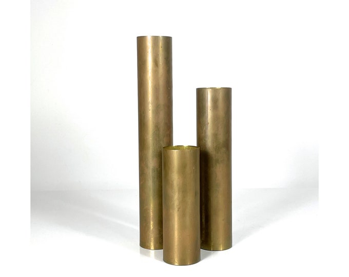 Set of 3 Vintage Brass Cylinder Candlesticks 1960s