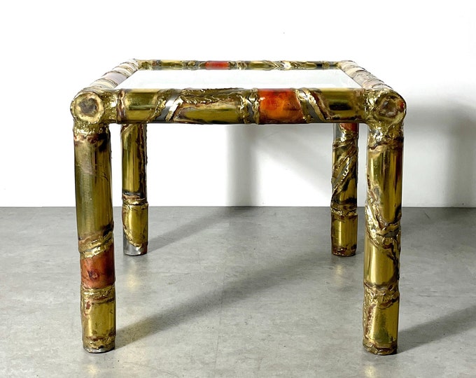 Signed Silas Seandel Mixed Metal Brutalist Side Table 1980s