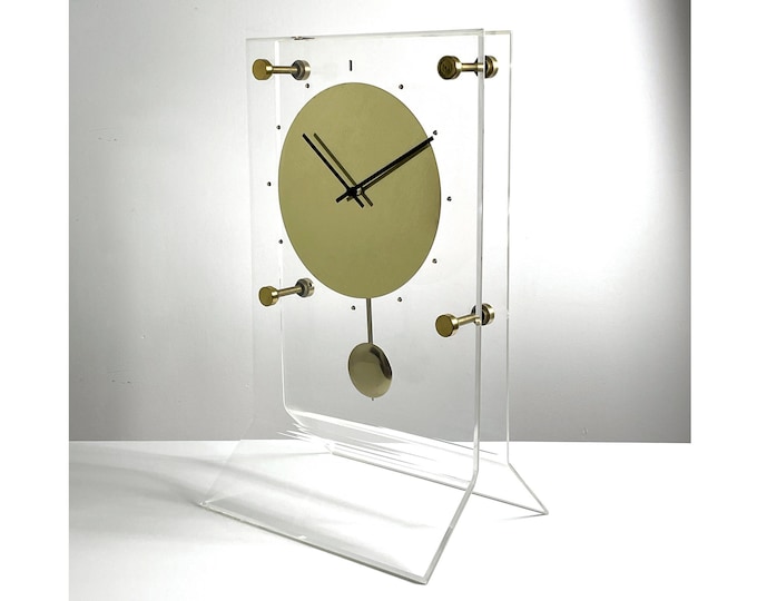 Large Vintage Lucite Brass Pendulum Mantel Clock 1970s