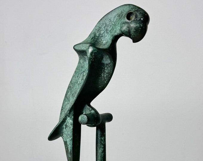 Vintage Mid Century Modern Hattakitkosol Somchia Verdigris Bronze Modernist Parrot Sculpture on Marble Base circa 1970s