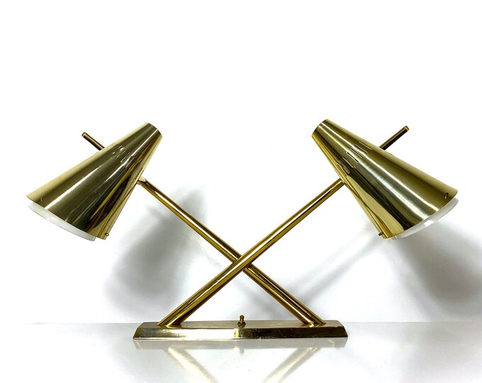Laurel Brass and Glass Dual Cone Desk Lamp 1960s